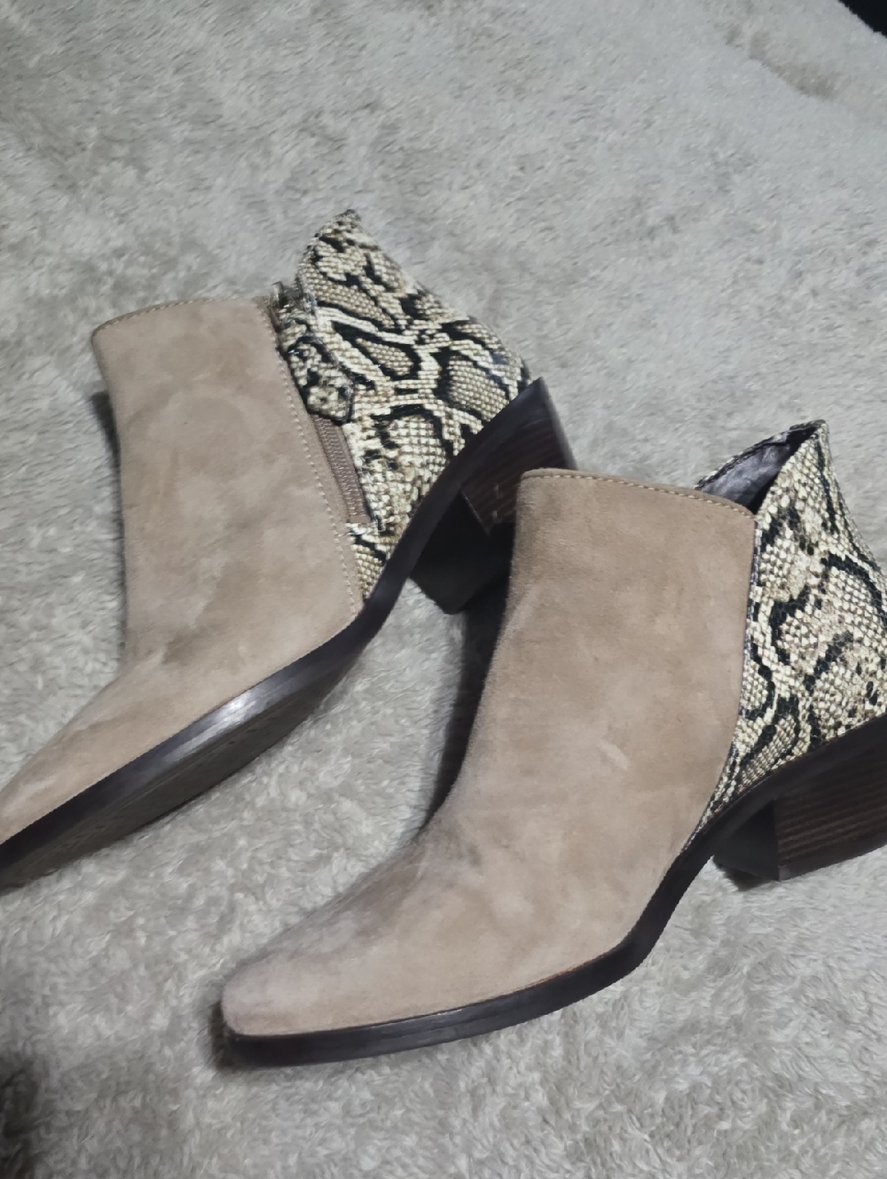 Cole Haan Taupe Suede Ankle Boots with Snake-Print Heel